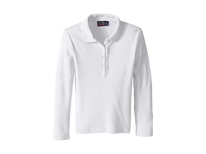 Nautica Kids Long Sleeve Polo With Ruffle Placket (little Kids) (white) Girl's Long Sleeve Pullover