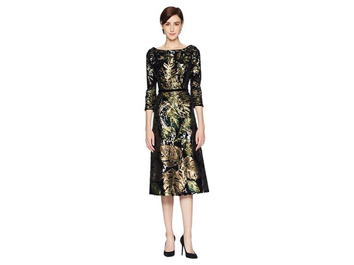 Marchesa Notte 3/4 Sleeve Sequin Tea Length Cocktail With Velvet Trims (black) Women's Dress
