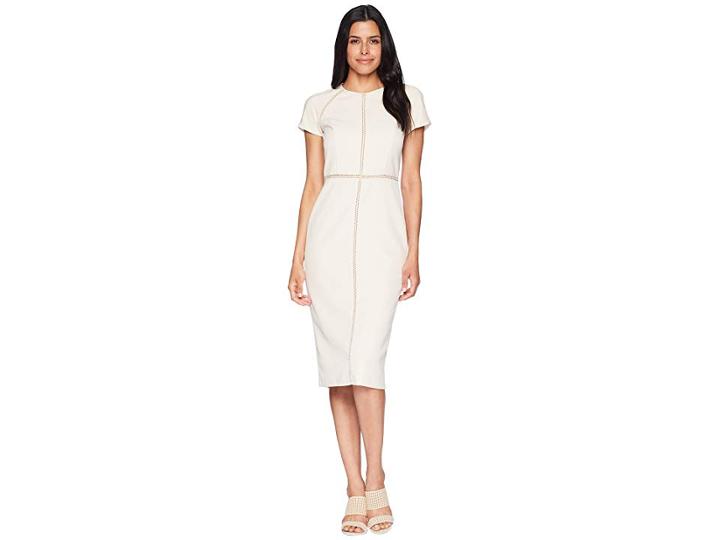 Maggy London Dream Crepe Jewel Neck Sheath With Faggoting Trim (oyster) Women's Dress