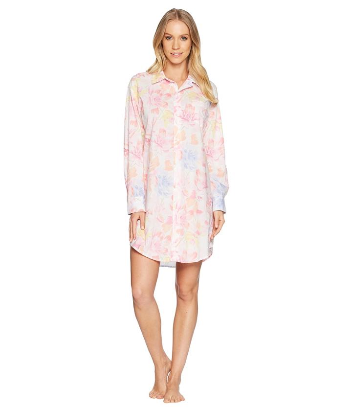 Lauren Ralph Lauren Long Sleeve Roll Tab His Shirt Sleepshirt (white Multi Floral) Women's Pajama
