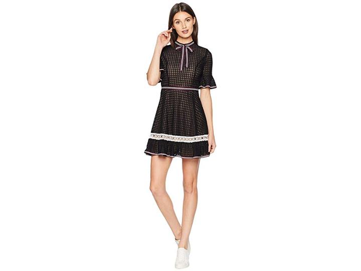 J.o.a. Bow Neck Fit And Flare Dress (black Lace) Women's Dress