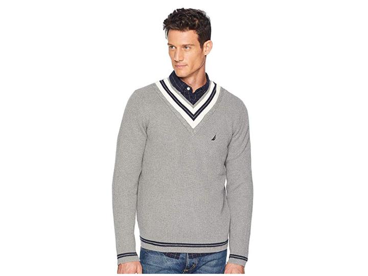 Nautica 9gg Cable Tipped V-neck Sweater (morgans Grey Heather) Men's Sweater