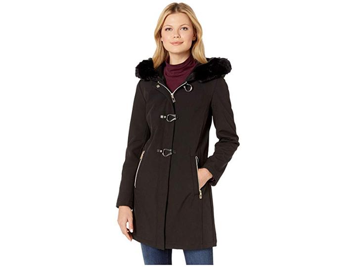 Ivanka Trump Softshell Jacket With Toggle Closures And Fur Hood (black) Women's Coat