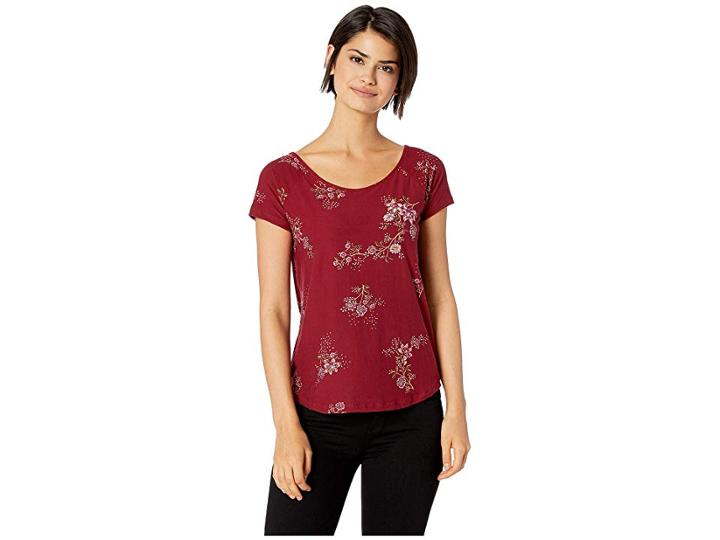 Pink Rose Raglan Short Sleeve Shirttail Top W/ Back Double Crisscross (burgundy/mauve Floral) Women's Clothing