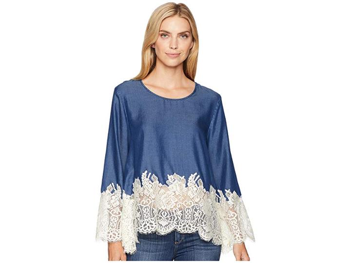 Karen Kane Chambray Lace Border Top (denim) Women's Clothing