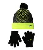 Nike Kids Graphic Pom Beanie Gloves Set (little Kids) (black/volt) Beanies
