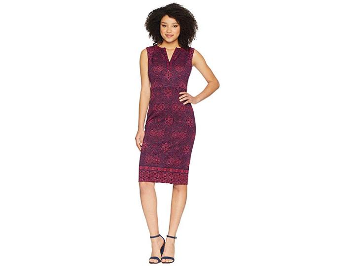 Maggy London Indonesian Star Printed Scuba Split-neck Sheath (primrose/navy) Women's Dress