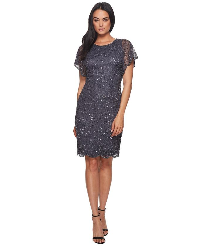 Adrianna Papell Flutter Sleeve Beaded Cocktail Dress With Pearl Edge Detail (gunmetal) Women's Dress
