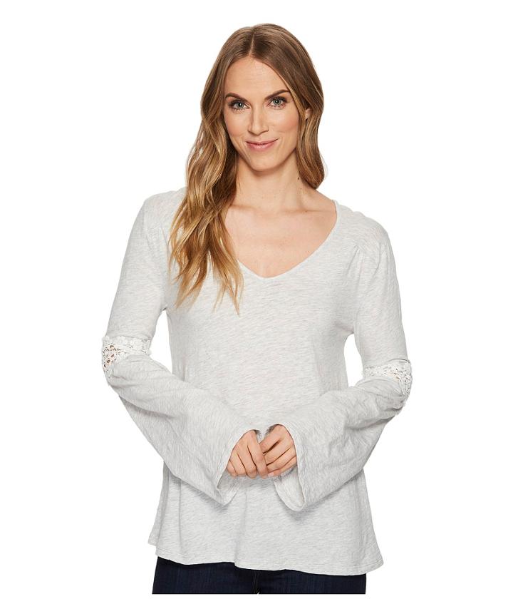 Dylan By True Grit Heather Vintage Slub V-neck Tee With Crochet Sleeve (white) Women's T Shirt