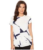 Ivanka Trump Cap Sleeve Printed Blouse W/ Tiered Ruffle Hem (ivory/navy) Women's Blouse
