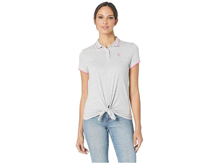 U.s. Polo Assn. Tie Front Polo Shirt (light Heahter Grey) Women's Clothing