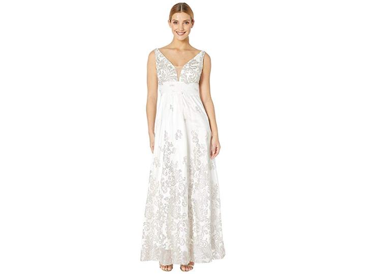 Marina Glitter Mesh Sleeveless Ballgown W/ Illusion Front Insert And Lace-up Back (ivory) Women's Clothing
