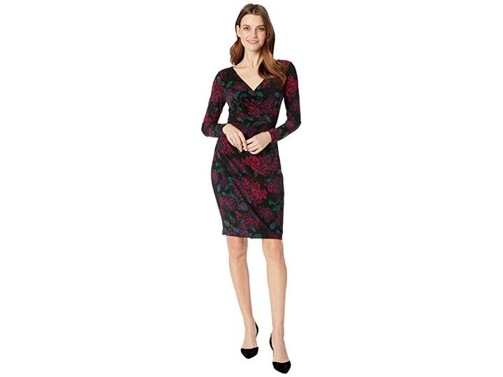 Chaps Floral Long Sleeve Day Dress (black/eggplant/multi) Women's Dress