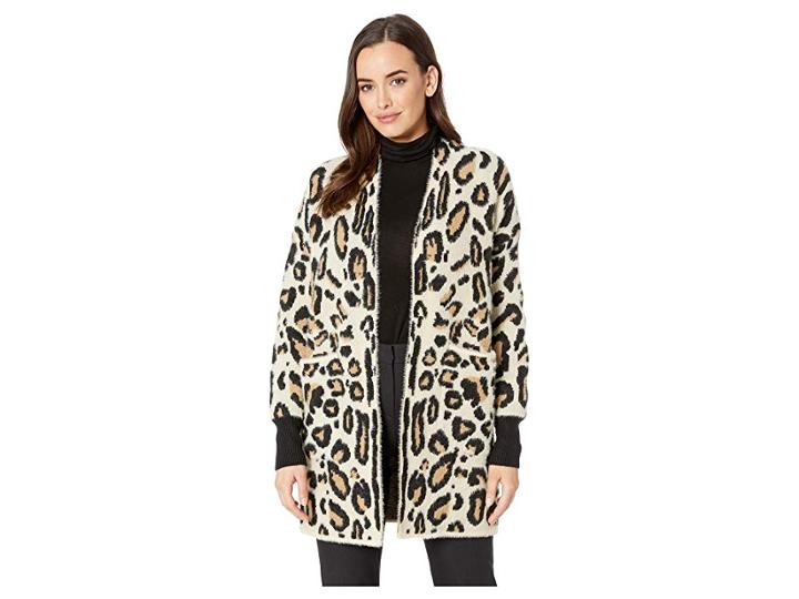 Vince Camuto Long Sleeve Cheetah Eyelash Two-pocket Cardigan (wood Ash) Women's Sweater
