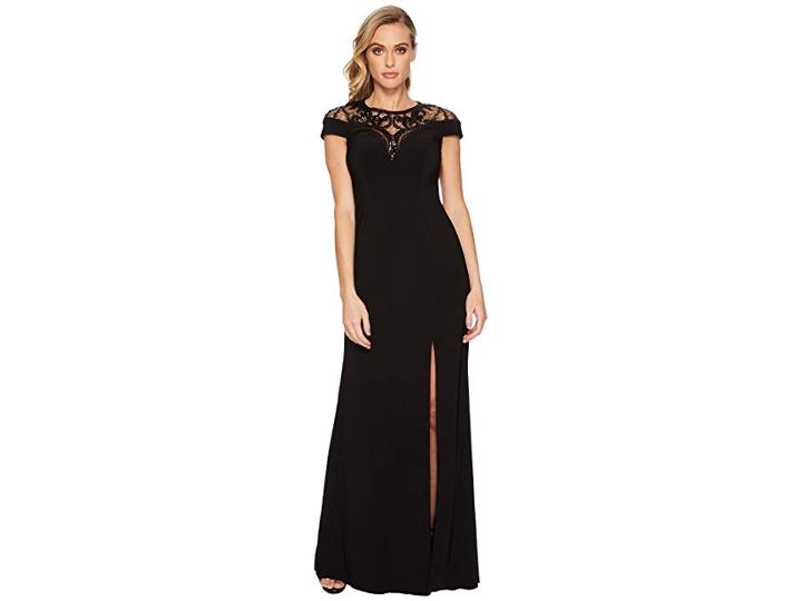 Adrianna Papell Cap Sleeve Stretch Crepe Gown With Mock Neck And Beaded Illusion Detail (black) Women's Dress