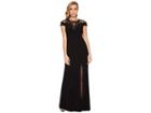 Adrianna Papell Cap Sleeve Stretch Crepe Gown With Mock Neck And Beaded Illusion Detail (black) Women's Dress