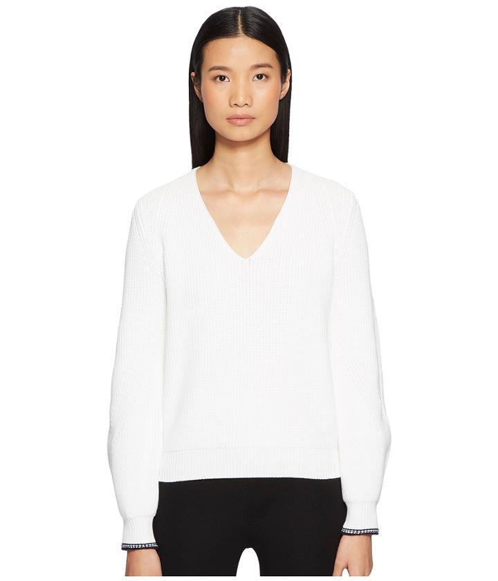 Vince Bishop Sleeve Rib V-neck Top (optic White/coastal) Women's Long Sleeve Pullover