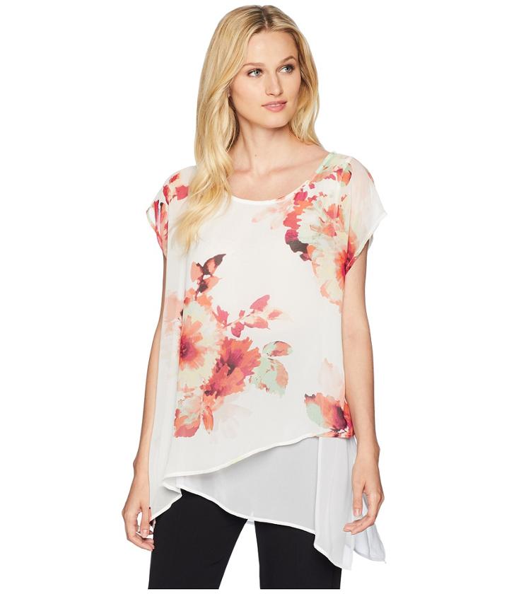 Calvin Klein Floral Asymmetrical Hem Short Sleeve Top (mint Multi) Women's Clothing