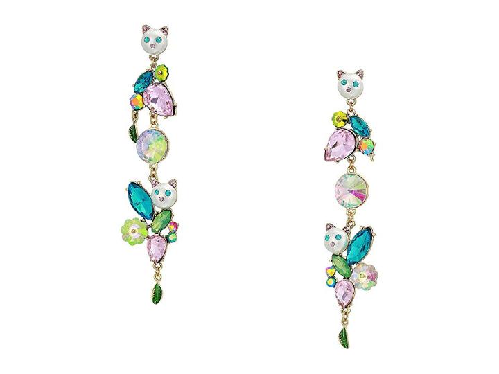Betsey Johnson Colorful Stone And Cat Cluster Linear Earrings (multi) Earring