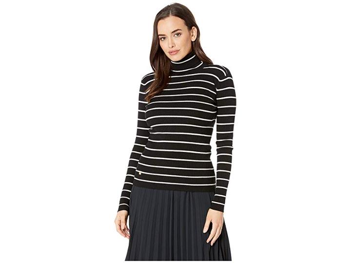 Lauren Ralph Lauren Striped Turtleneck Sweater (polo Black/mascarpone Cream) Women's Sweater