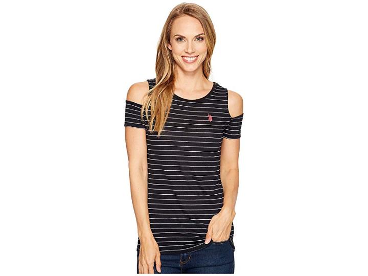 U.s. Polo Assn. Striped Open Shoulder T-shirt (black) Women's T Shirt