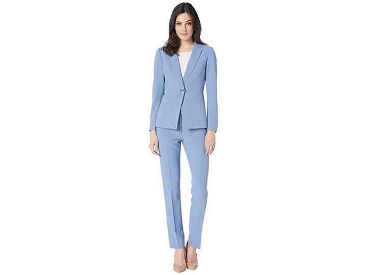 Tahari By Asl Pebble Crepe One-button Pants Suit (blue Ice) Women's Suits Sets