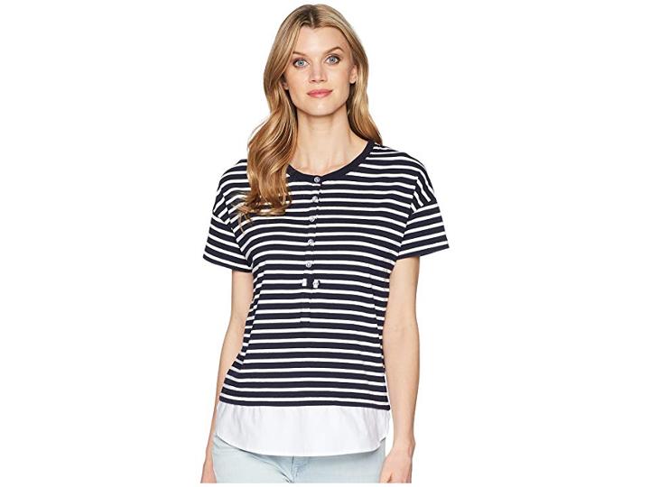 Tribal Yarn-dye Stripe Jersey Short Sleeve Top With Combo Hem (deep Sky) Women's Clothing