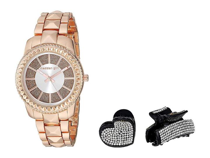 Steve Madden Madden Girl Glitter Band Watch With Two-piece Hair Set Smgs022 (rose Gold) Watches