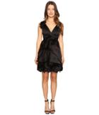 Marchesa Satin-faced Organza Cocktail With Plunging Neckline And Laser-cut Organza Flowers (black) Women's Dress