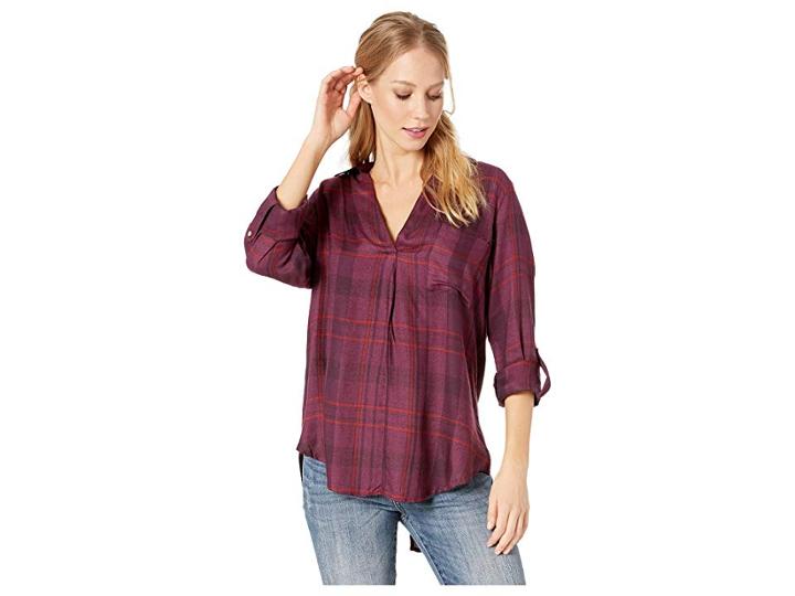 Angie Plaid V-neck Top With Crisscross Back (wine) Women's Clothing