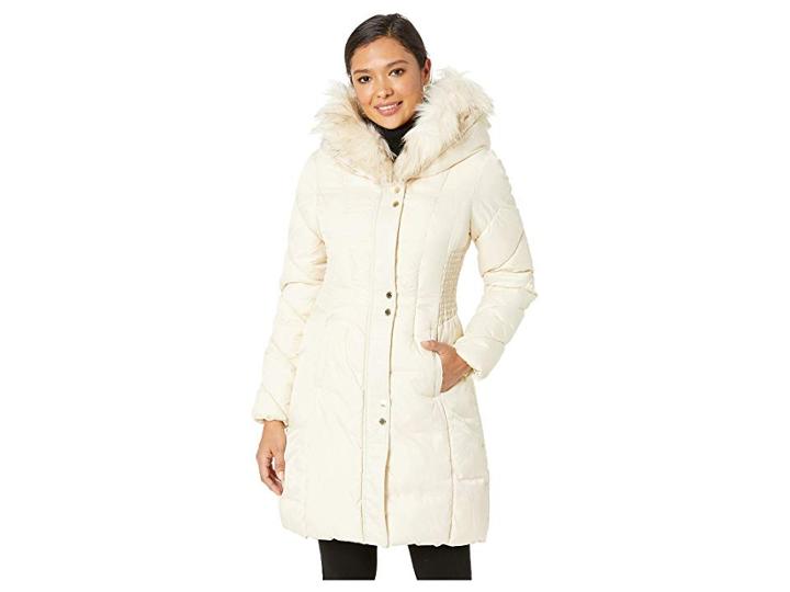 Via Spiga Faux Fur Trimmed Hood Winter Coat (whipped Cream) Women's Coat