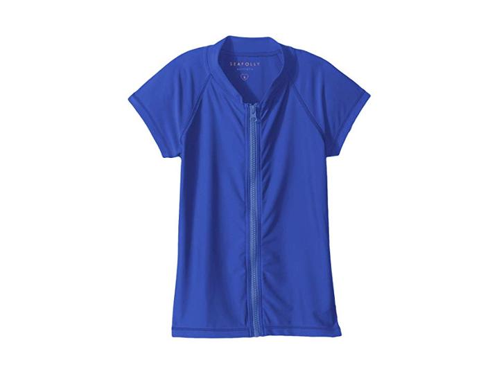 Seafolly Kids Summer Essentials Short Sleeve Zip Front Rashie (little Kids/big Kids) (blue Lagoon) Girl's Swimwear