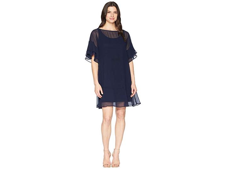 Lauren Ralph Lauren 2e Poly Georgette Kiralyn Elbow Sleeve Day Dress (lighthouse Navy) Women's Dress
