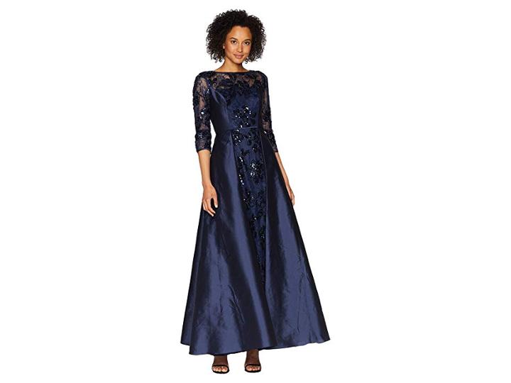 Adrianna Papell Long Sleeve Lace Front Gown With Taffeta Overskirt (midnight) Women's Dress