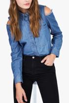 7 For All Mankind Long Sleeve Cold Shoulder Shirt In Authentic Vista Blue