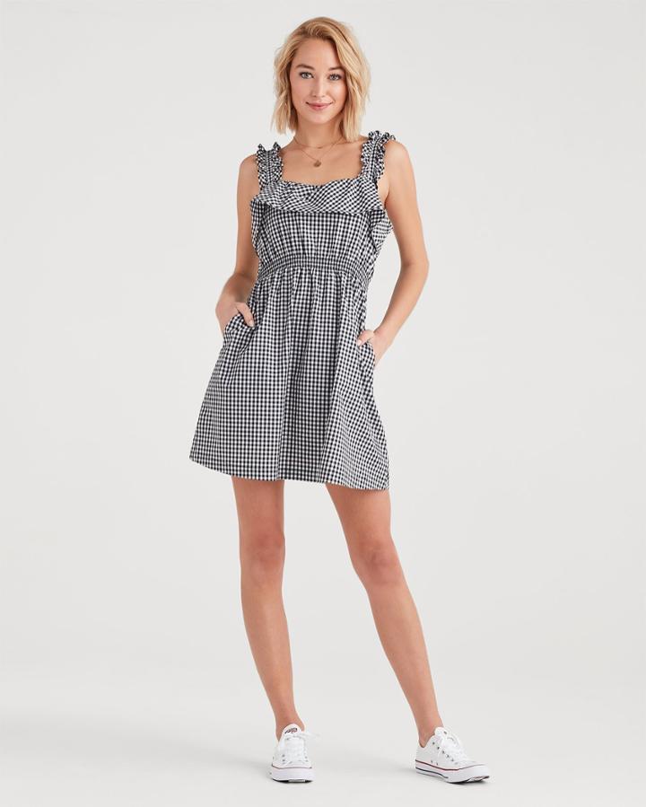 7 For All Mankind Gingham Ruffle Dress In Black And White