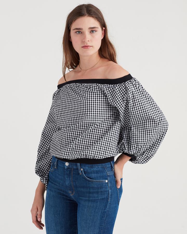 7 For All Mankind Off Shoulder Blouson Top In Black And White