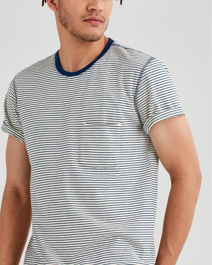 7 For All Mankind Men's Short Sleeve Stripe Crew In Ecru Navy Stripe