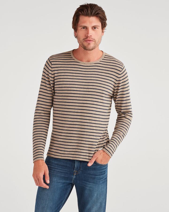 7 For All Mankind Men's Rivera Sweater In Sand With Navy Stripe