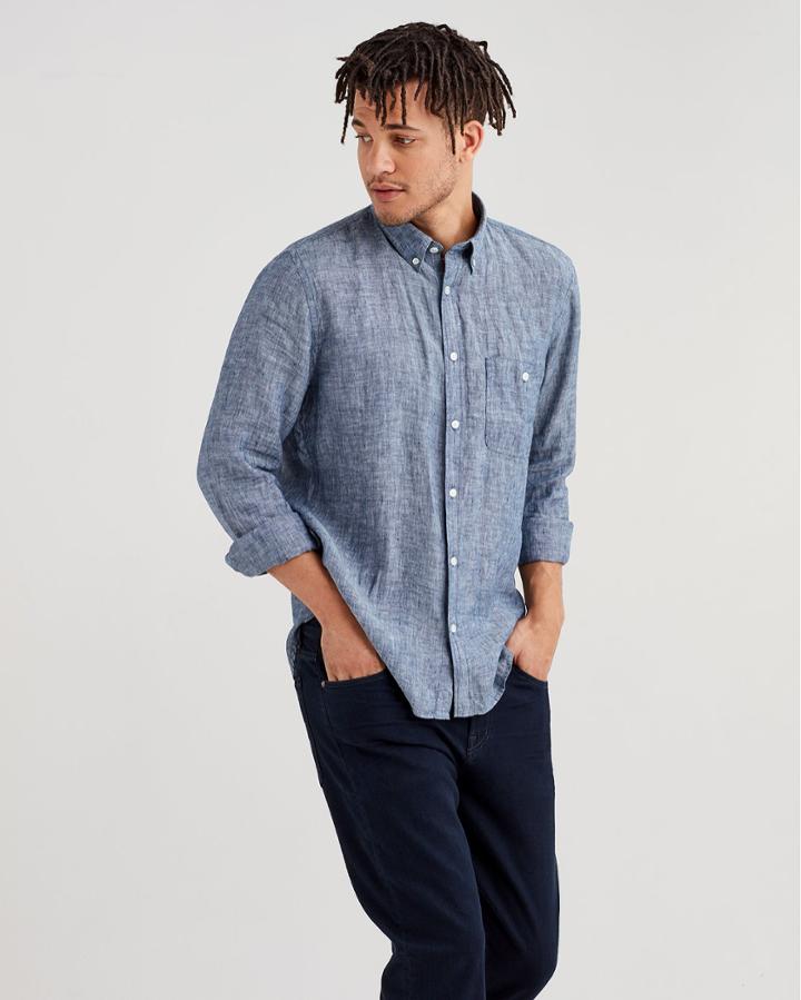 7 For All Mankind Men's Long Sleeve Linen Front Pocket Shirt In Navy