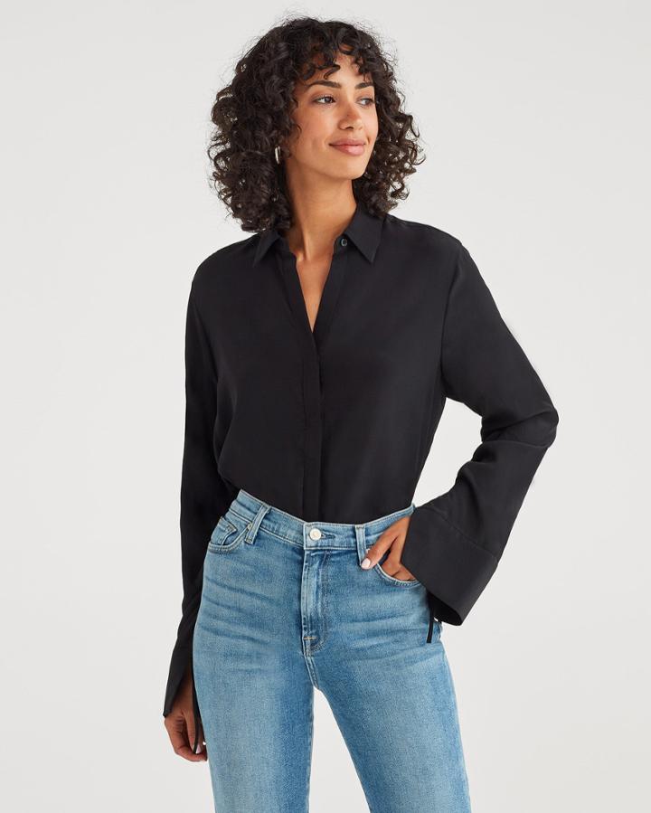 7 For All Mankind Women's Hidden Placket Shirt With Tie Sleeve In Jet Black