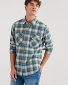 7 For All Mankind Long Sleeve Distressed Desert Plaid Shirt In Myrtle Green