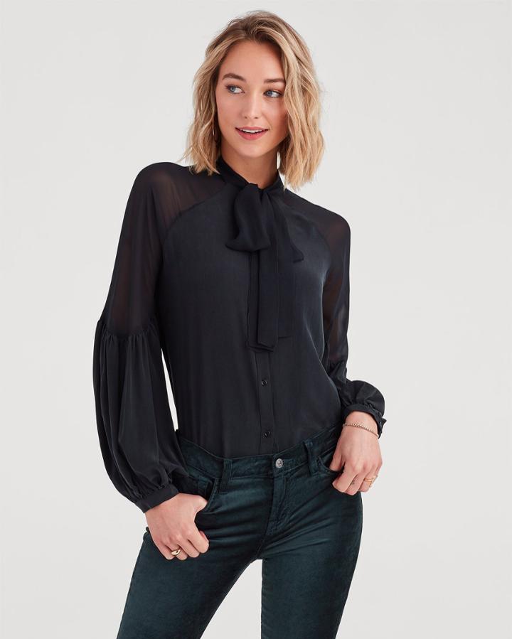 7 For All Mankind Bow Tie Blouson Top In Jet Black