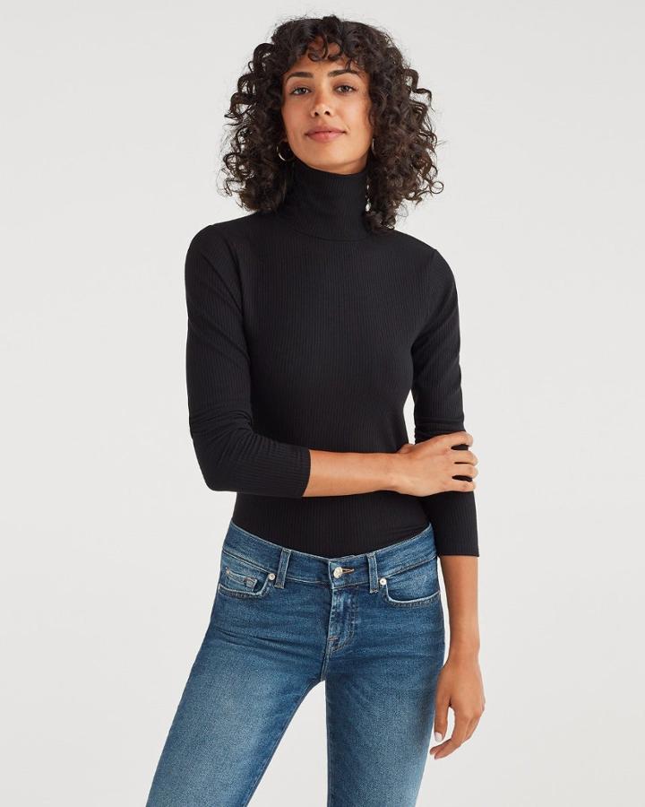 7 For All Mankind Women's Long Sleeve Turtleneck Tee In Jet Black