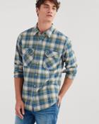 7 For All Mankind Men's Long Sleeve Distressed Desert Plaid Shirt In Myrtle Green