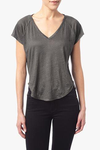7 For All Mankind Linen High-low V-neck Tee In Dark Charcoal