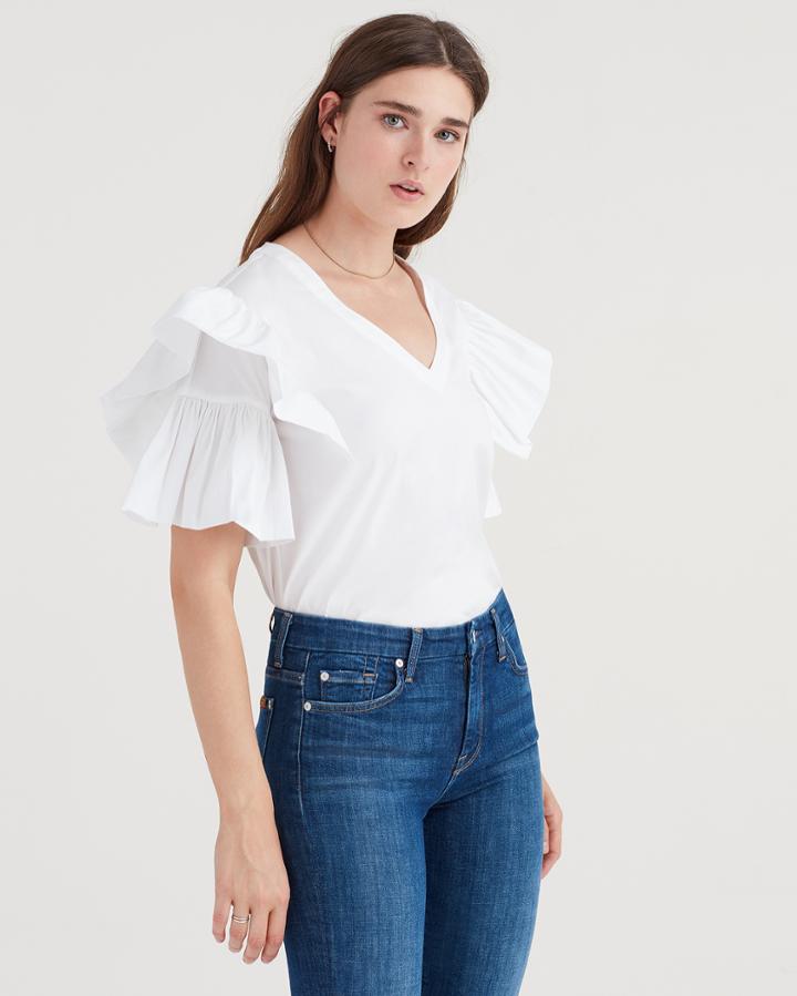 7 For All Mankind Square Ruffle Top In White
