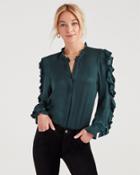 7 For All Mankind Cold Shoulder Ruffle Top In Dark Forest Green