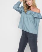 7 For All Mankind Women's Long Sleeve Ruffled Off Shoulder Top In Hudson Sky