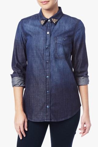7 For All Mankind Slim Boyfriend Shirt With Crystals In Dark Vista Blue